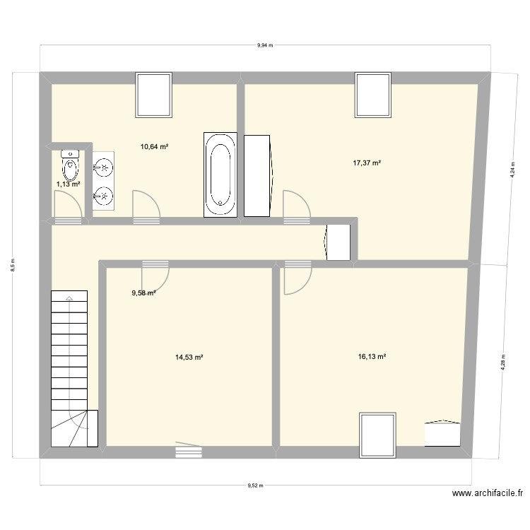 etage original. Plan de 6 pièces et 69 m2