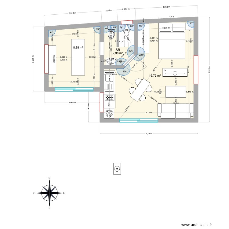 Bungalow 40m2. Plan de 3 pièces et 31 m2