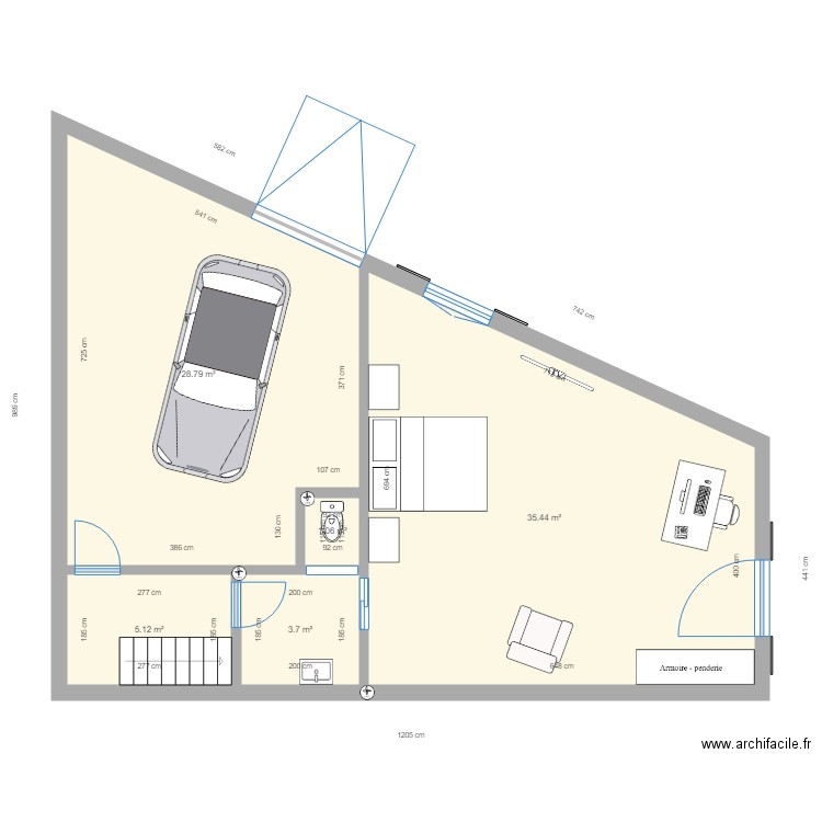 MAISON CAZOULS chambre RDC. Plan de 5 pièces et 74 m2