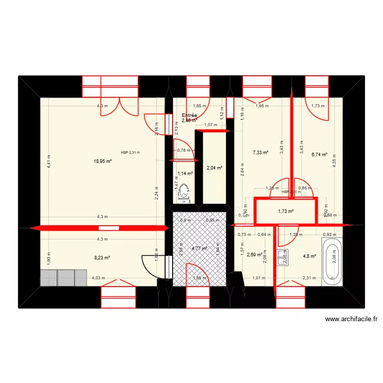 P0.1 PLAN RDC ELEMENTS SUPPRIMES PROJET BARILLON. Plan de 13  et 61 m²