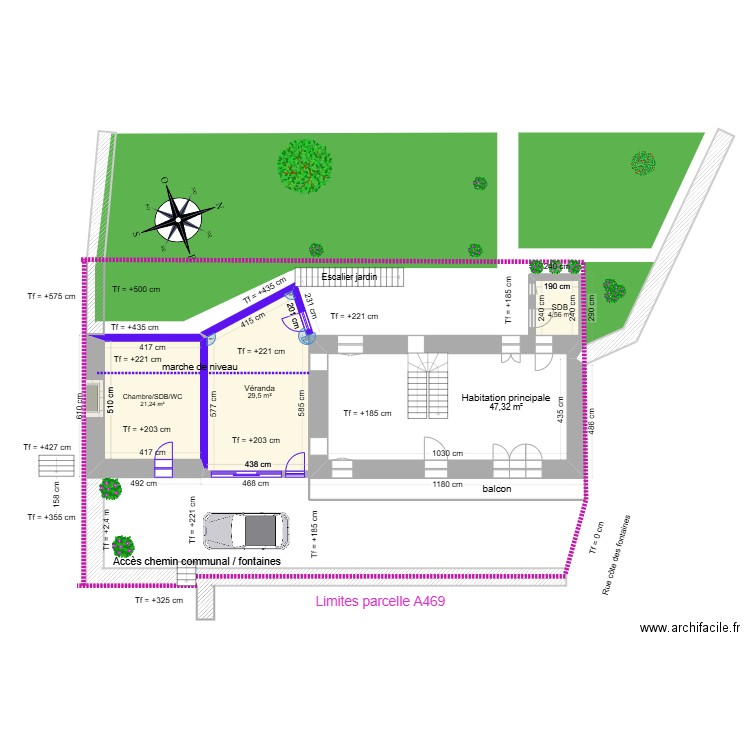 PC2_plan de masse_constructions_extension & conversion garage (bleu). Plan de 5 pièces et 114 m2