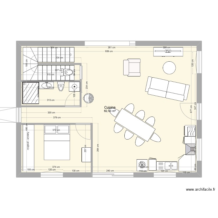 plan 1. Plan de 1 pièce et 62 m2