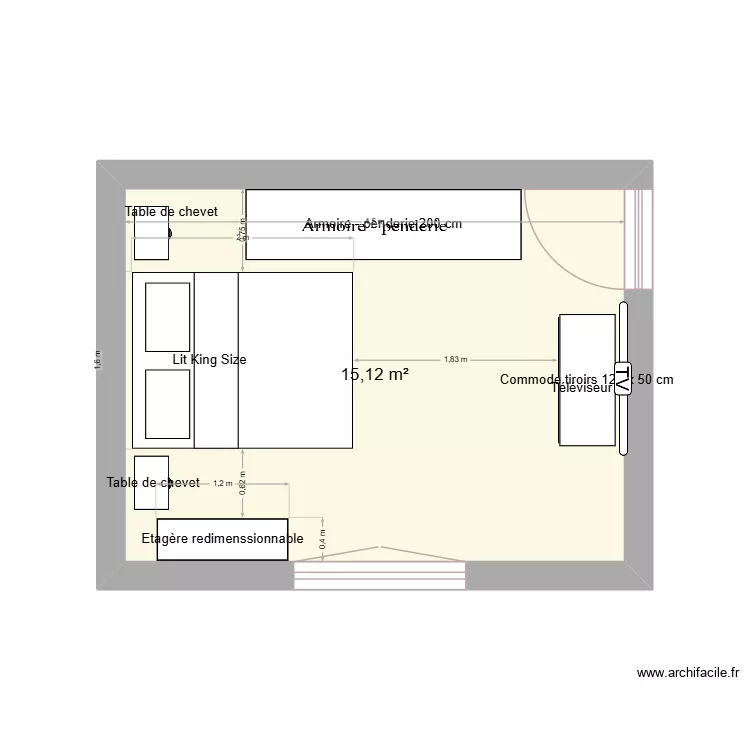 Chambre RDC. Plan de 1  et 15 m²