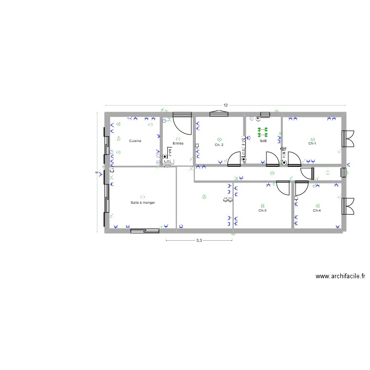 Implentation éléments. Plan de 9 pièces et 51 m2