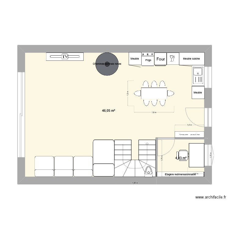 Montigny RDC. Plan de 2 pièces et 50 m2