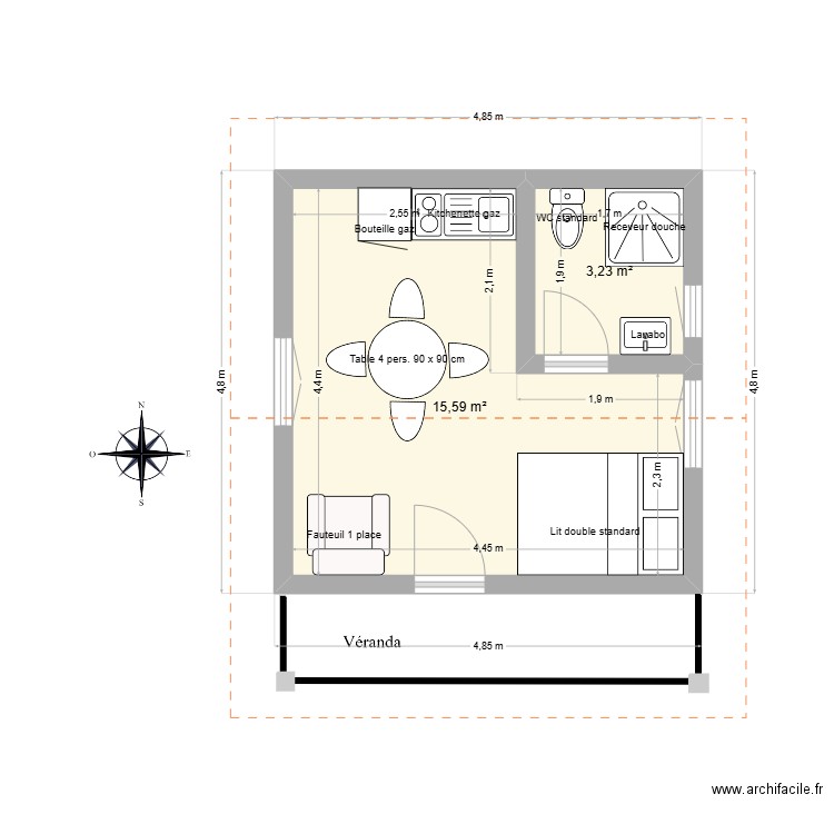 Studio gardien. Plan de 2 pièces et 19 m2