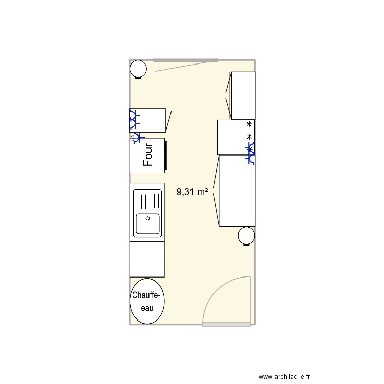 cuisine. Plan de 1 pièce et 9 m2
