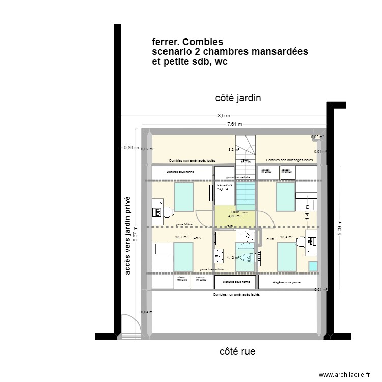 Ferrer, projet Combles, 2ch, sde,. Plan de 10 pièces et 42 m2