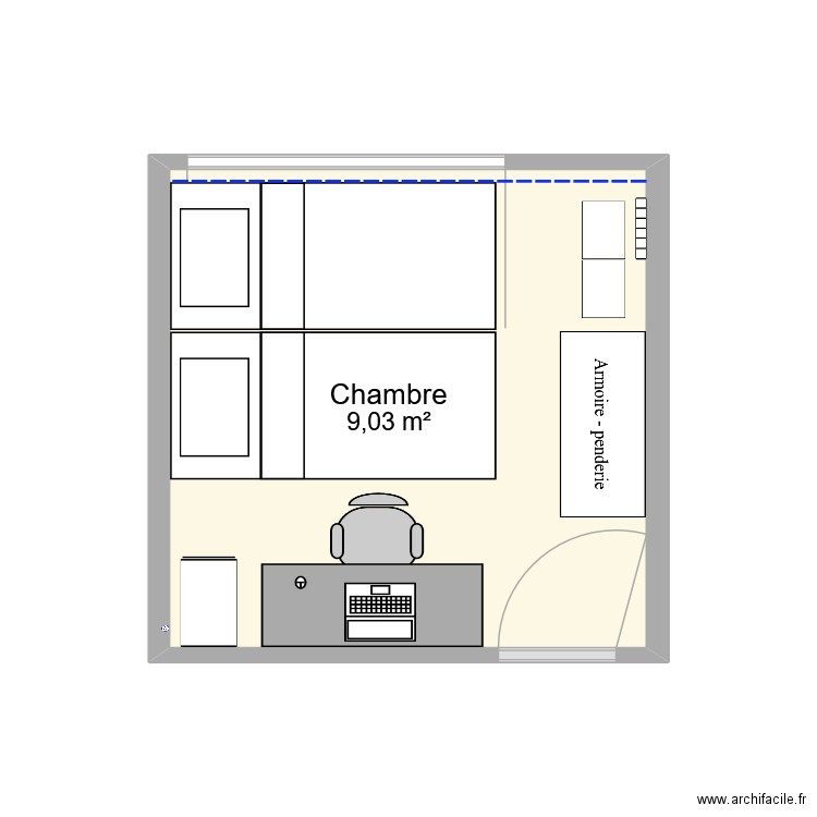 chambre. Plan de 1 pièce et 9 m2