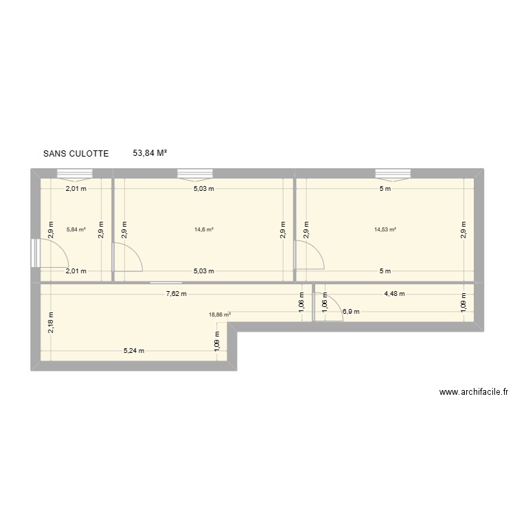 SANS CULOTTE. Plan de 4 pièces et 54 m2