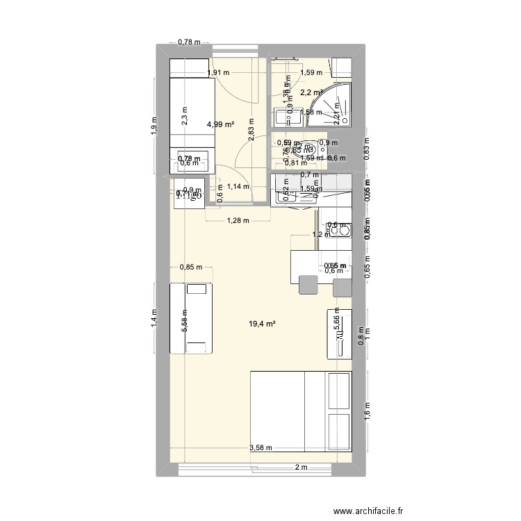 WC/SDB. Plan de 4 pièces et 27 m2