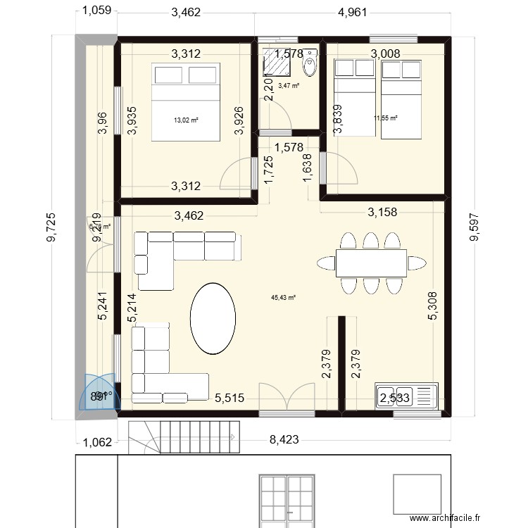 STUDIO 2 CHAMBRES SALON appartement heyelkhadra. Plan de 5 pièces et 80 m2