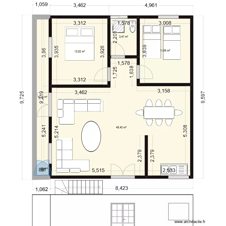 STUDIO 2 CHAMBRES SALON appartement heyelkhadra. Plan de 