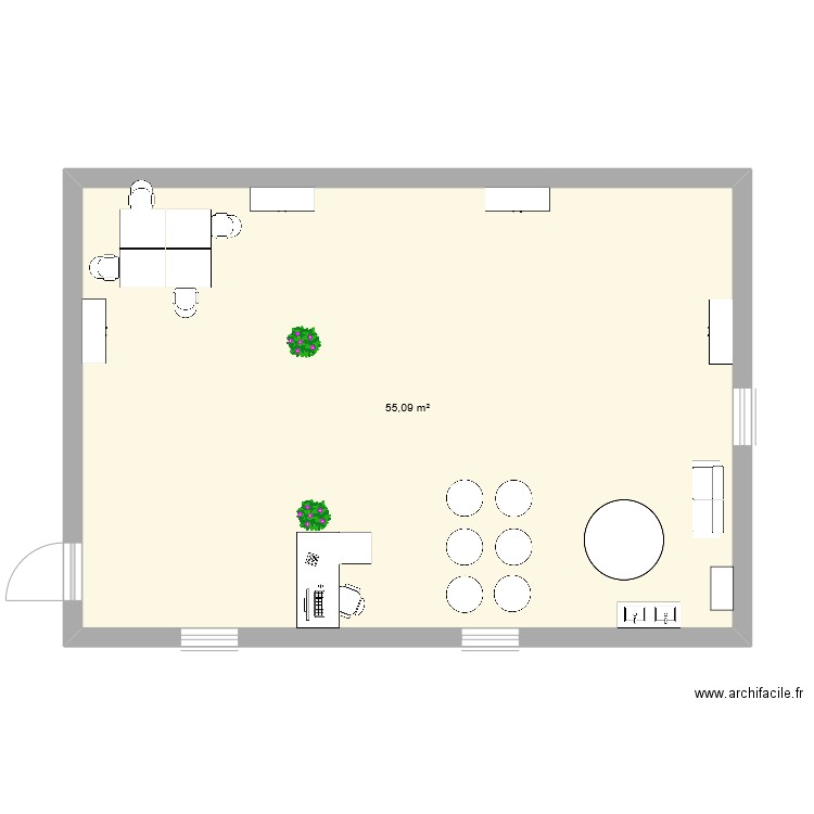 Plan open space. Plan de 1 pièce et 55 m2