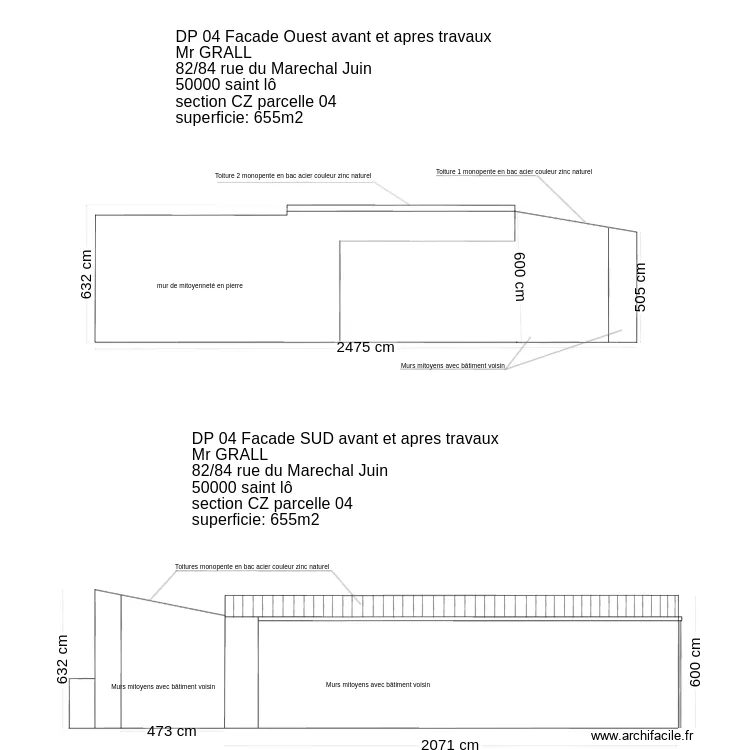 facade ouest avant et  apres travaux. Plan de 
