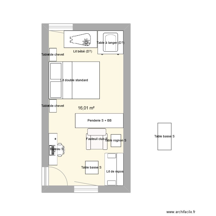 Plan chambre Haute Rivière. Plan de 1 pièce et 16 m2
