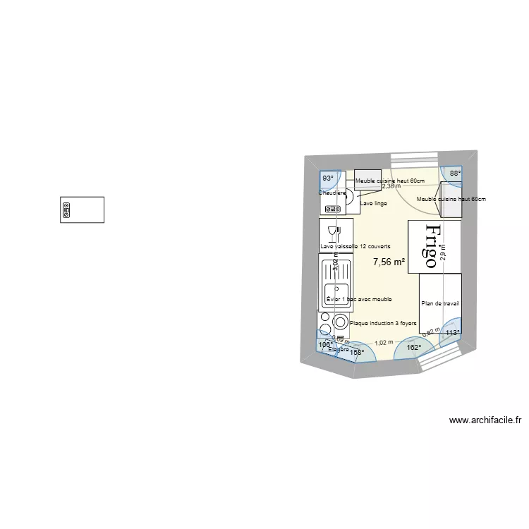 Cuisine du 19. Plan de 1  et 8 m²