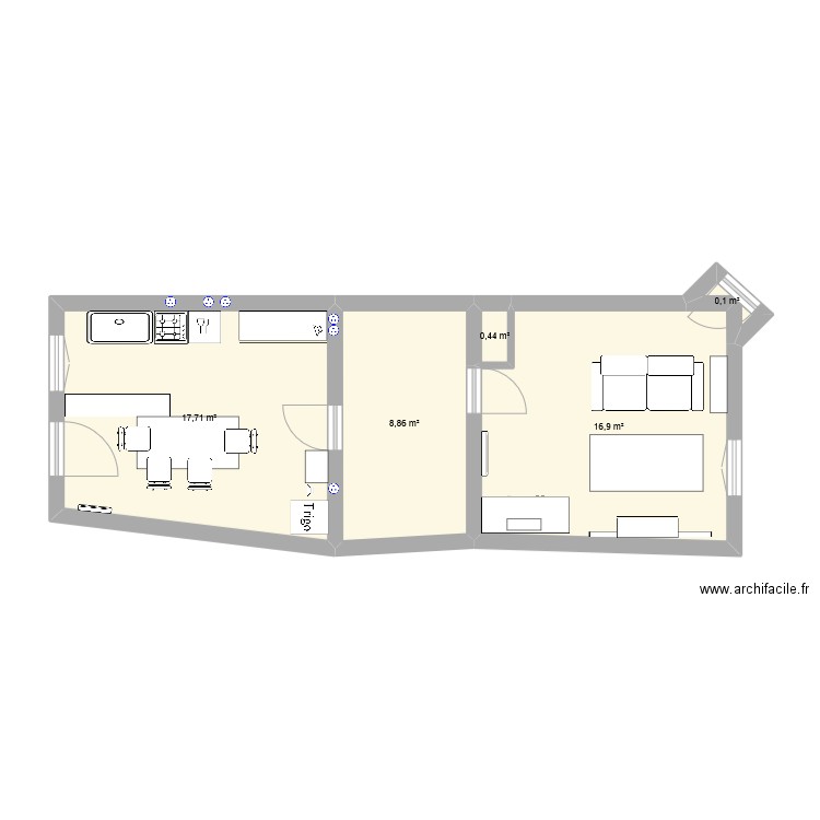 Salon. Plan de 5 pièces et 44 m2