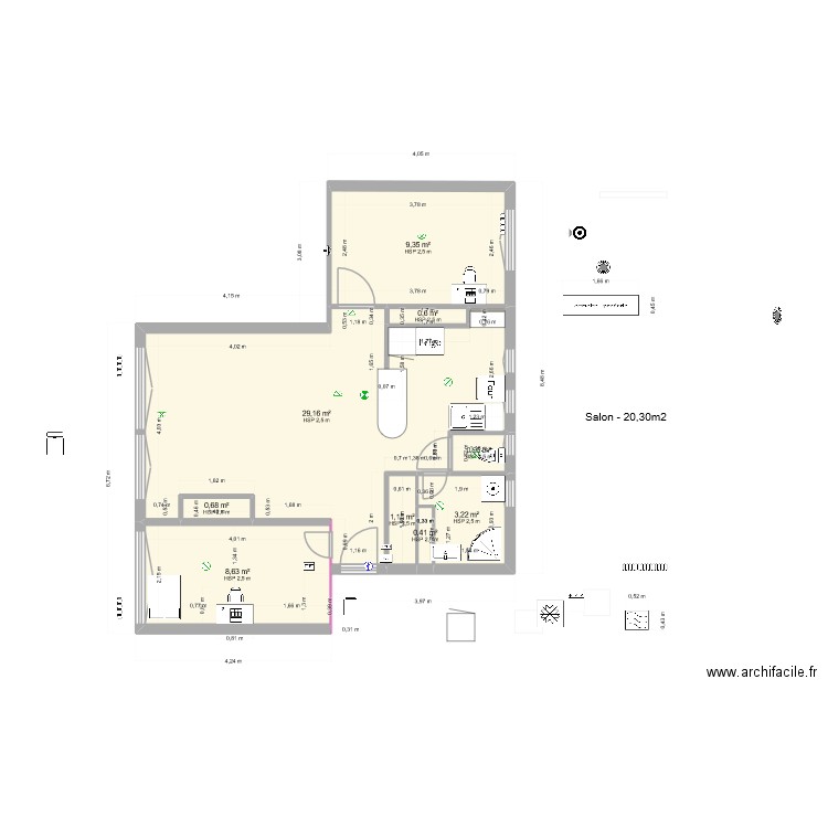 Sydney. Plan de 9 pièces et 54 m2