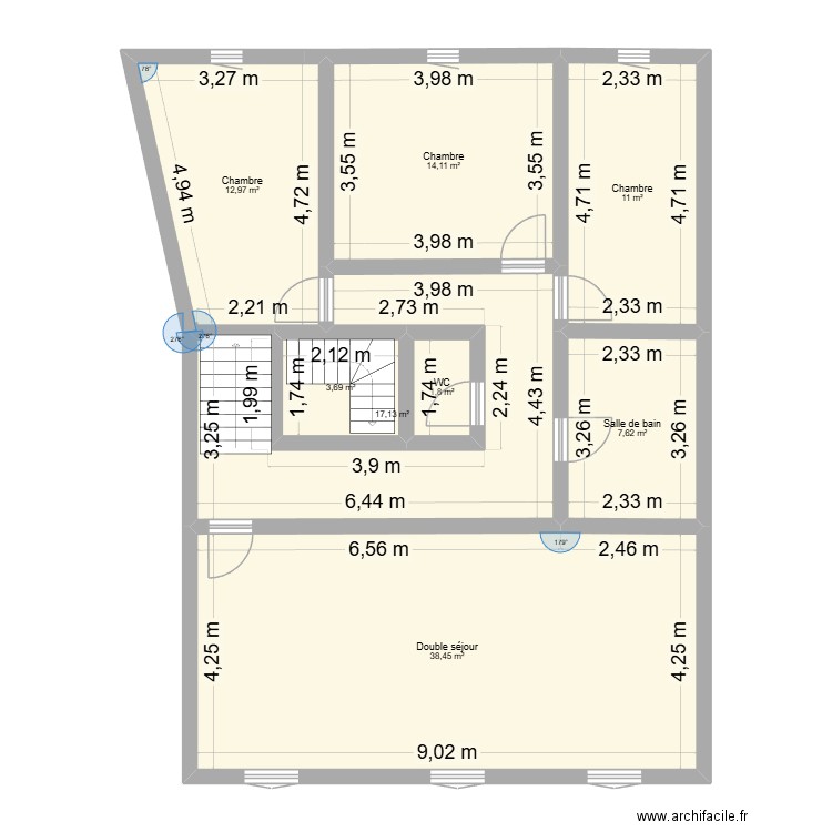 etat actuel étage 1. Plan de 8 pièces et 107 m2