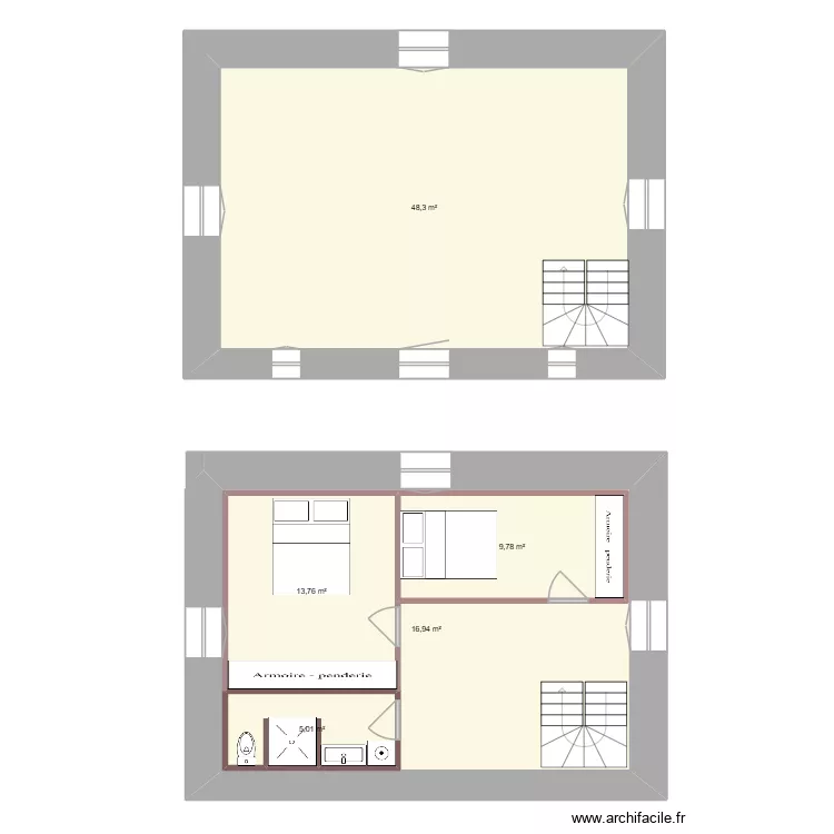 moulin. Plan de 5  et 125 m²