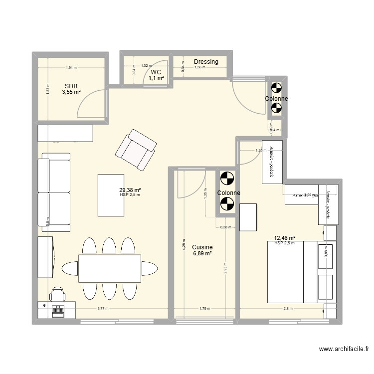 Appart 1.1. Plan de 8 pièces et 55 m2