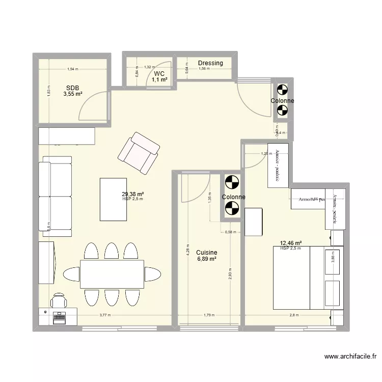 Appart 1.1. Plan de 8 pièces et 55 m²