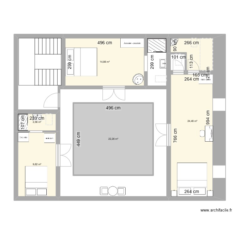 Riad etage bis. Plan de 5 pièces et 74 m2