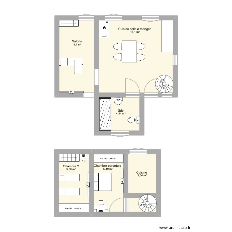 Stigny. Plan de 7 pièces et 45 m2