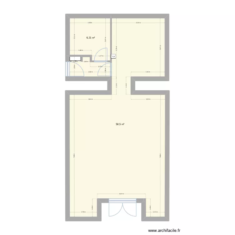 R+0. Plan de 2  et 65 m²
