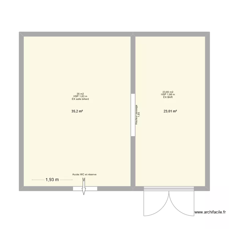 EX BAR et Salle de Billard SS salle des F&ecirc;tes. Plan de 2  et 58 m²