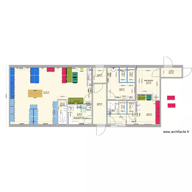 PROJET 1 Bis-Sanitaires et Vestiaires ARMEN. Plan de 9  et 91 m²