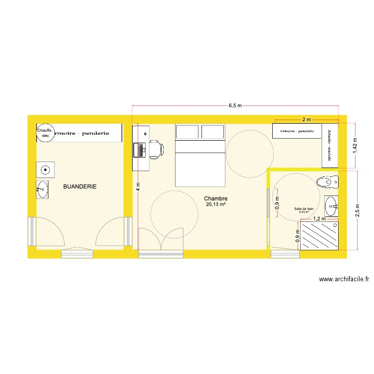 GODINEAU. Plan de 3 pièces et 37 m2