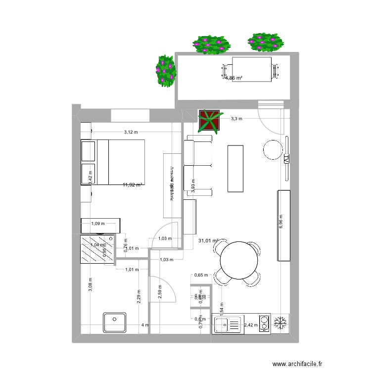 Domitis.. Plan de 3 pièces et 48 m2