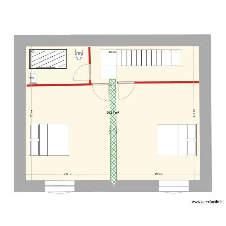 Plan &eacute;tage avec poutre coup&eacute;e et un seul escalier. Plan de 