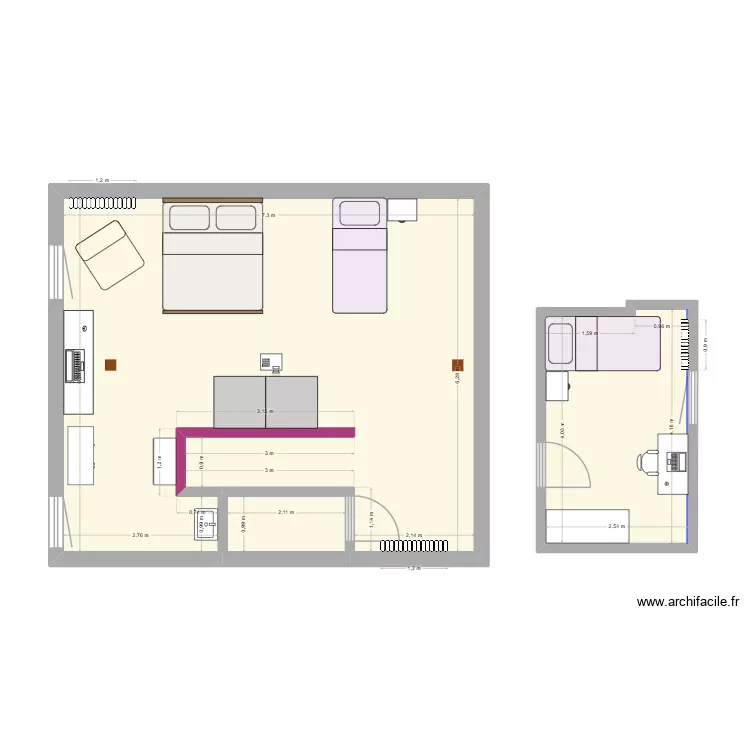 Chambre - projet 2. Plan de 3  et 55 m²