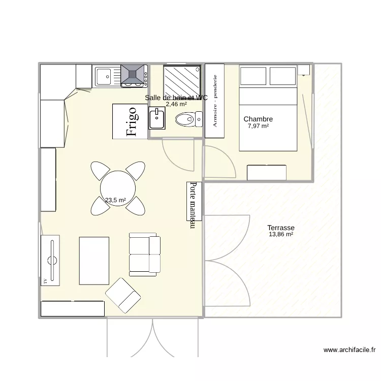 Chalet en bois. Plan de 4 pièces et 48 m² Chalet en bois. Plan de 4 pièces et 48 m²