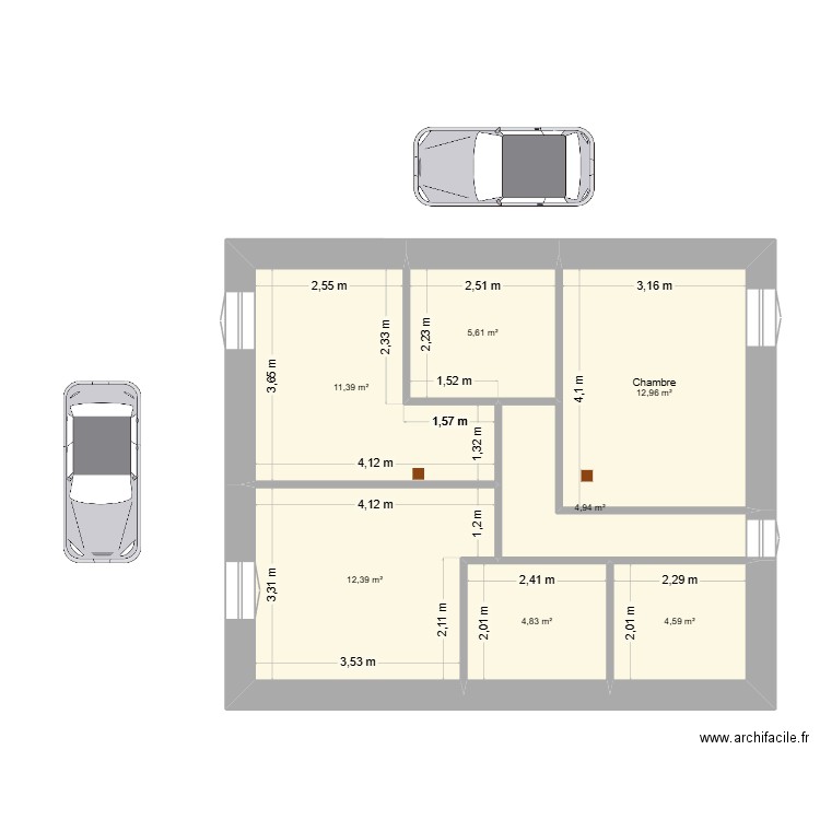 R+1. Plan de 7 pièces et 57 m2