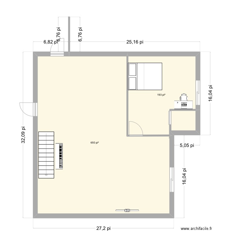 sous sol . Plan de 2 pièces et 78 m2