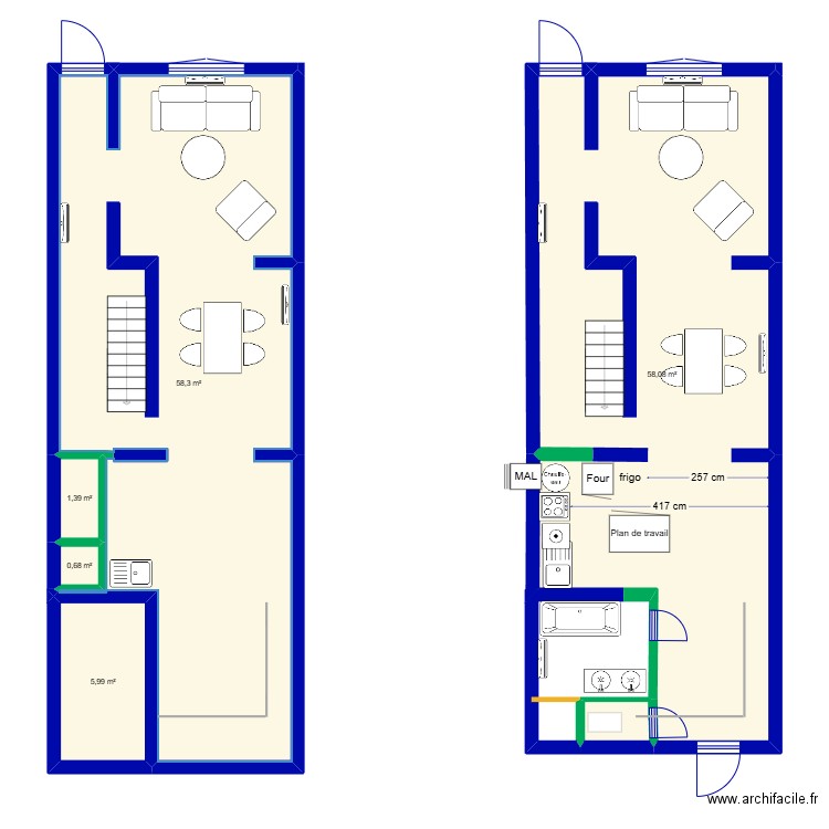 Maison rez de chaussée. Plan de 6 pièces et 126 m2