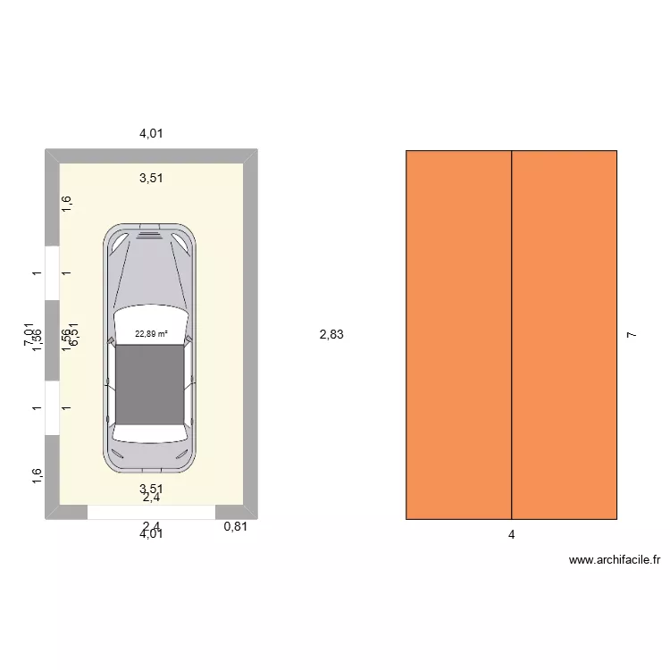 Garage. Plan de 1  et 23 m²