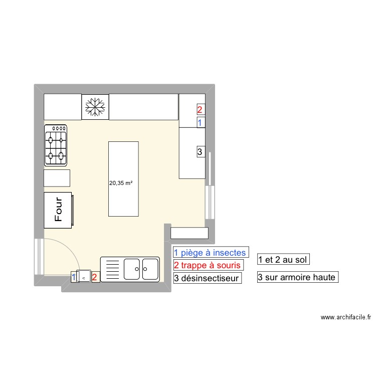 Cuisine Vincent gourmand, plan de lutte contre les nuisibles. Plan de 1 pièce et 20 m2