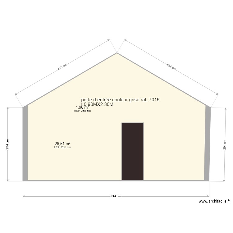 maison coté est porte déplacé couleur gris rail 7016. Plan de 2 pièces et 28 m2