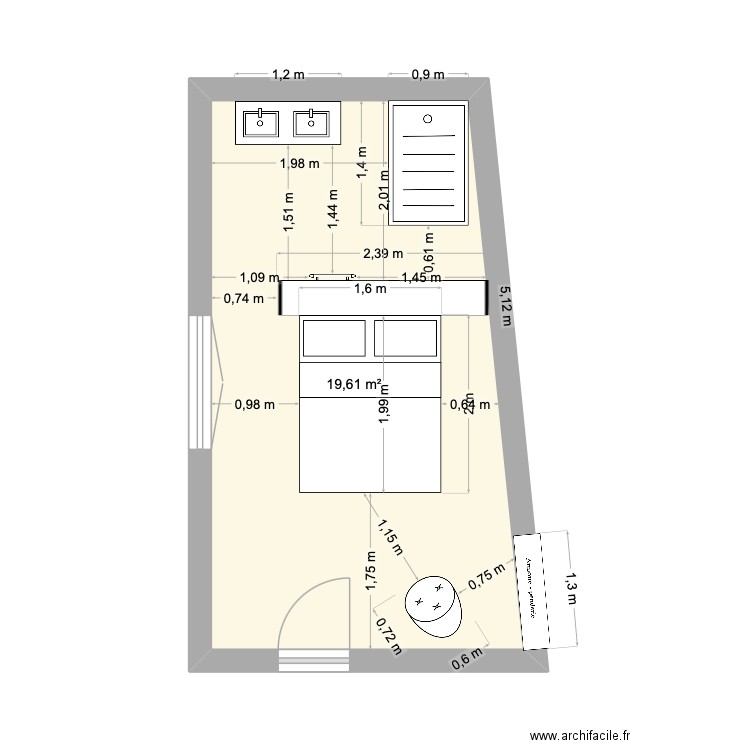 chambre bas. Plan de 1 pièce et 20 m2