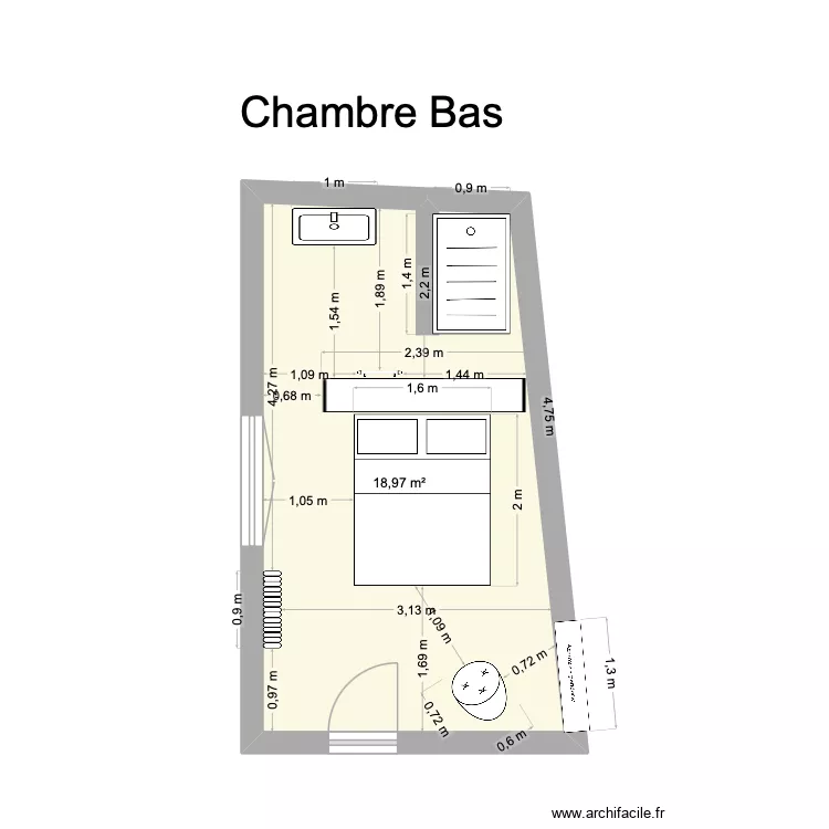 chambre bas. Plan de 1 pièce et 19 m² chambre bas. Plan de 1 pièce et 19 m²