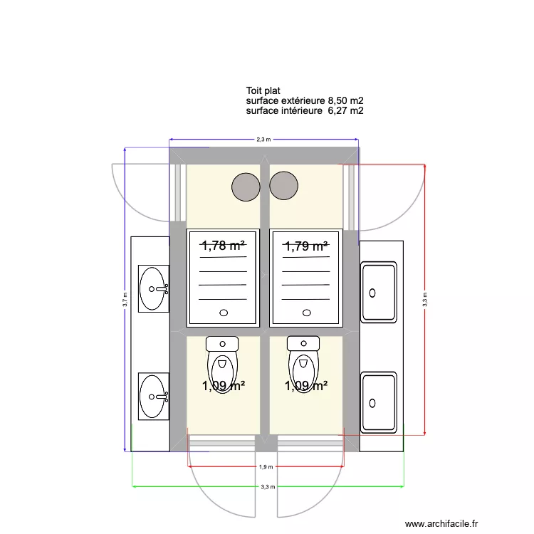 2 douches 2 WC 3,70 x 2,30. Plan de 4 et 6 m² 2 douches 2 WC 3,70 x 2,30. Plan de 4 et 6 m²