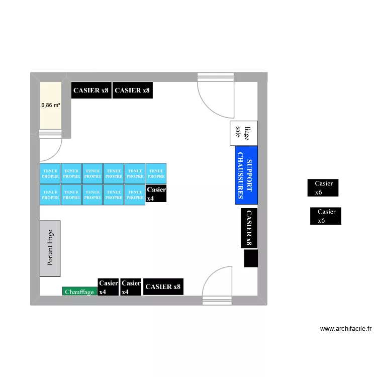 VESTIAIRES Hommes. Plan de 1  et 1 m²