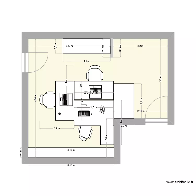 Bureau 1. Plan de 1  et 23 m²