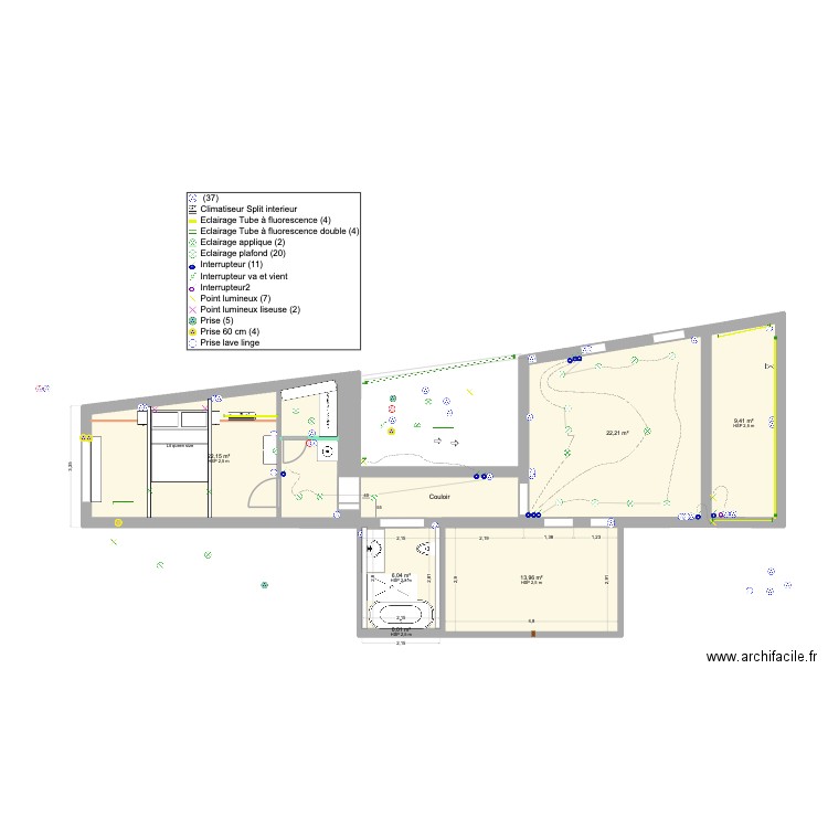 Appart Prises. Plan de 7 pièces et 79 m2