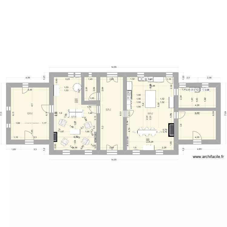 Subles 26-03-31 RDC equip&eacute; sejour cuisine idem Ranchy. Plan de 5  et 163 m²